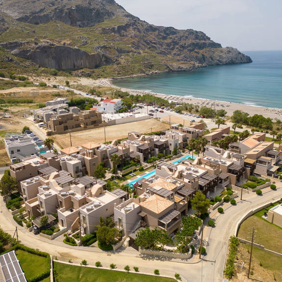aerial view of plakias resorts hotel with beach and paligremnos hill in plakias rethymno crete