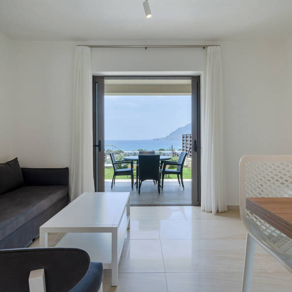 living room with big terrace in a two bedrooms maisonette in plakias, rethymno, crete