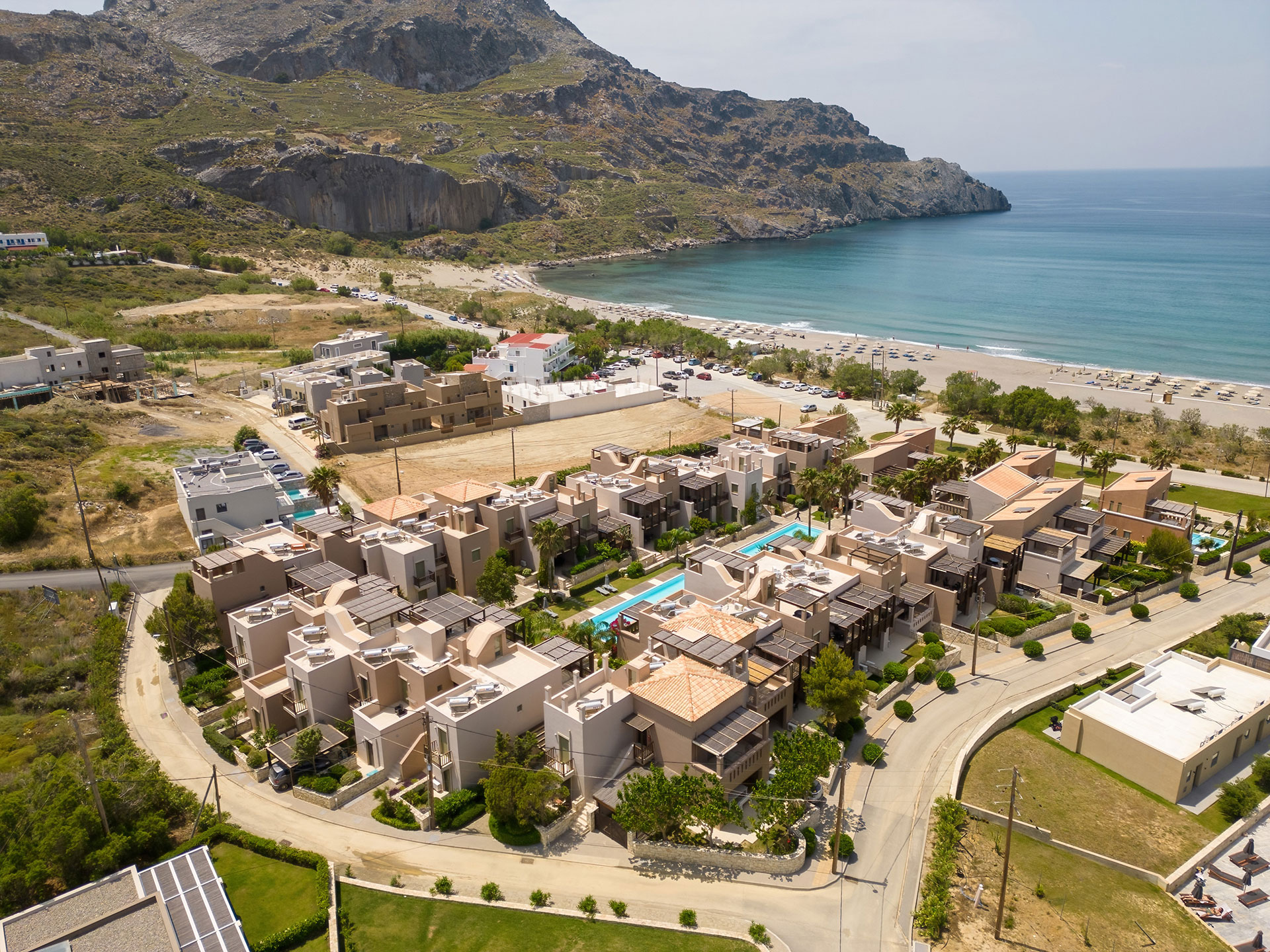 aerial view of plakias resorts hotel with beach and paligremnos hill in plakias rethymno crete