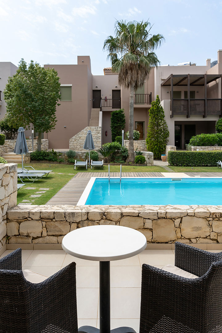 pool front balcony in a two bedrooms apartment in plakias, rethymno, crete