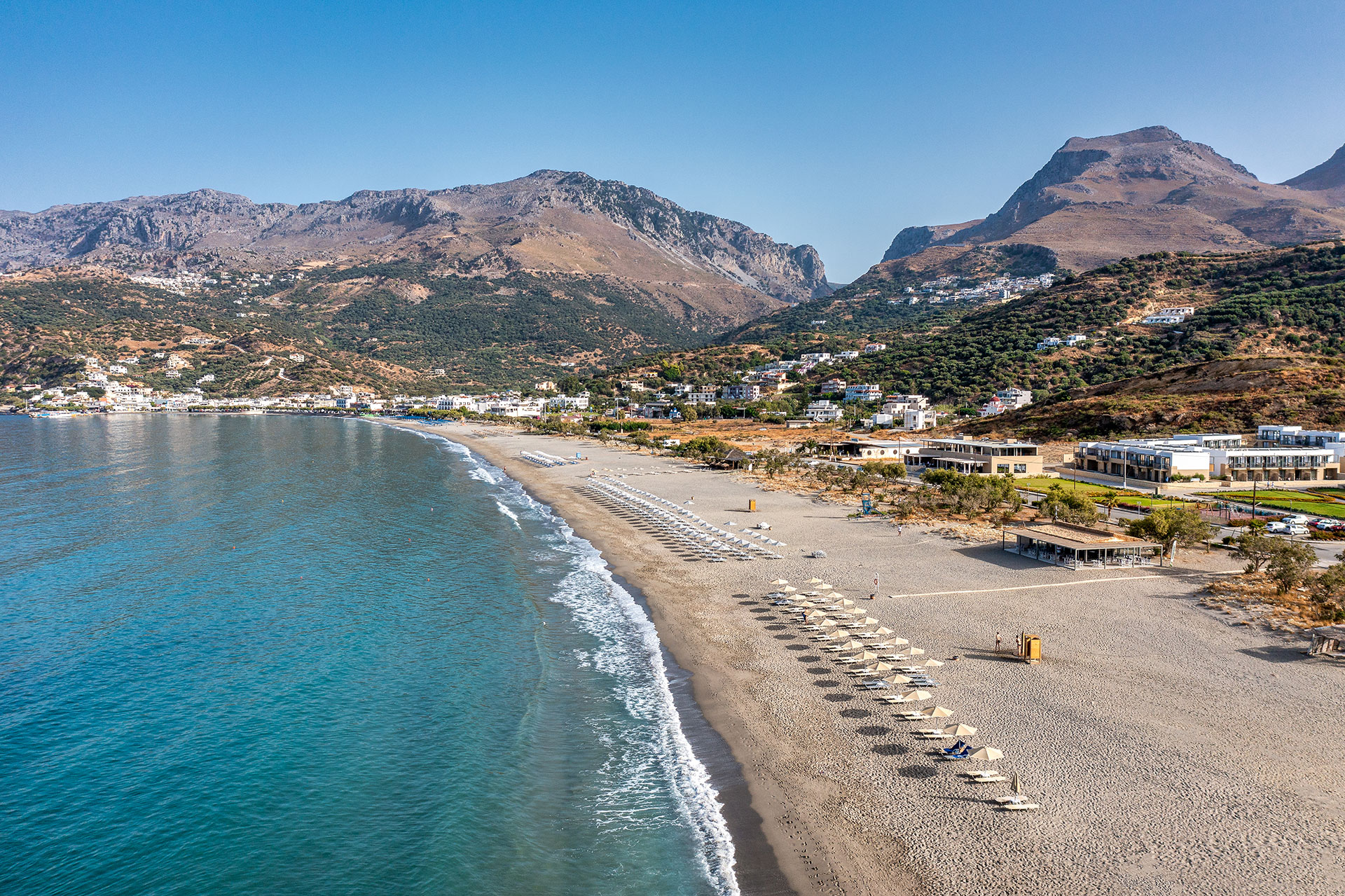 Plakias Resort Rethymno Crete Beach front with sunbeds and umbrellas