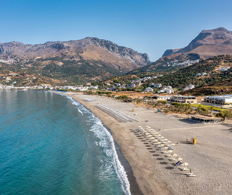 Plakias Resort Rethymno Crete Beach front with sunbeds and umbrellas