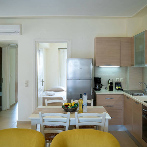 large living room and full equipped kitchen in a two bedrooms apartment in plakias, rethymno, crete