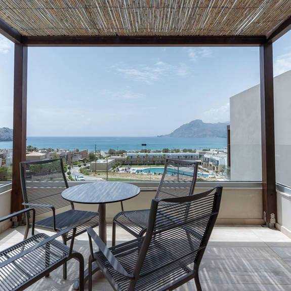 balcony with sea view and pool view in a two bedrooms maisonette in plakias, rethymno, crete